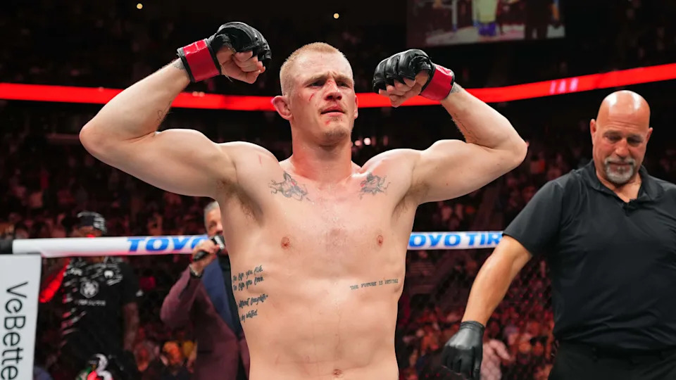 KANSAS CITY, MISSOURI - APRIL 26: Ian Machado Garry of Ireland reacts after defeating Carlos Prates of Brazil in a welterweight fight during the UFC Fight Night event at T-Mobile Center on April 26, 2025 in Kansas City, Missouri.  (Photo by Josh Hedges/Zuffa LLC)